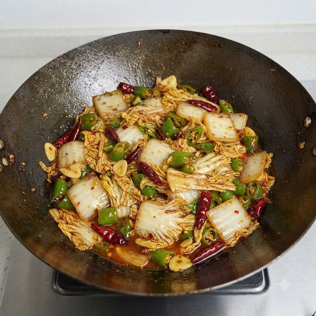 Mélange de chou chinois épicé cuit avec des jus visibles et de lhuile dans le wok.