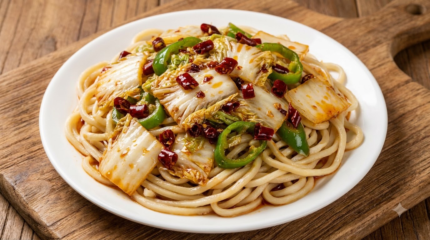 Une assiette blanche de nouilles de blé épaisses surmontées de chou napa sauté épicé, de poivrons verts et de flocons de piment rouge.