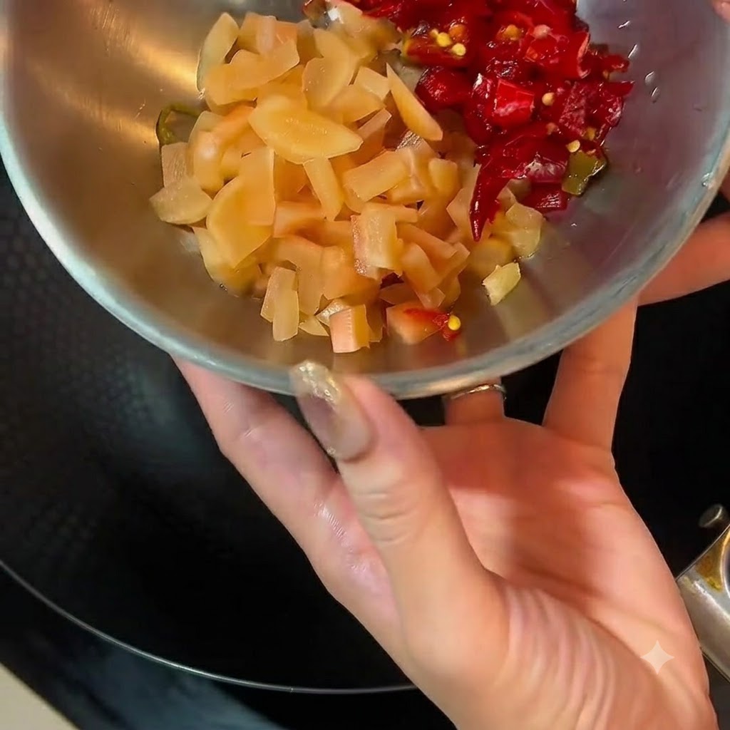 Un bol en métal rempli de radis pickelé haché et de piments rouges positionné au-dessus dun wok.