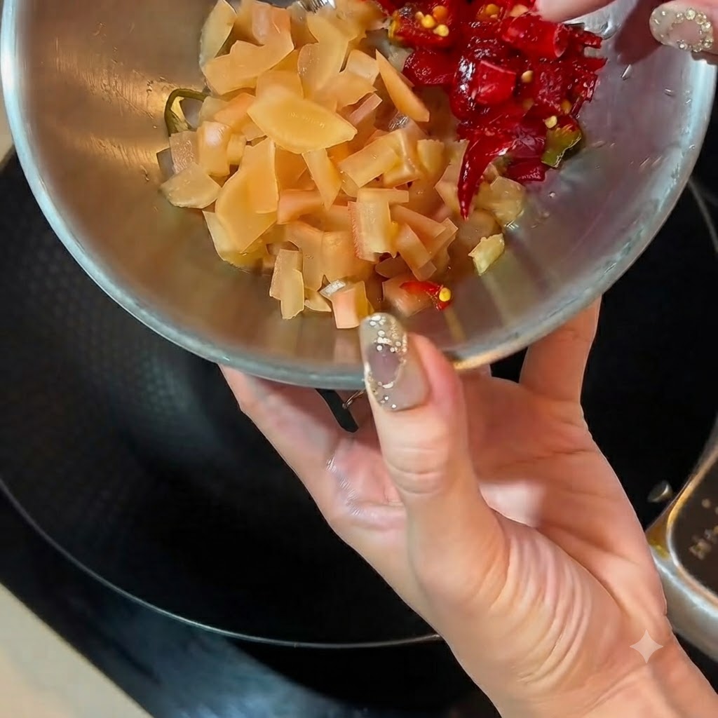 Du radis pickelé et des piments rouges dans un wok avec un filet de sauce huître versé depuis une bouteille.