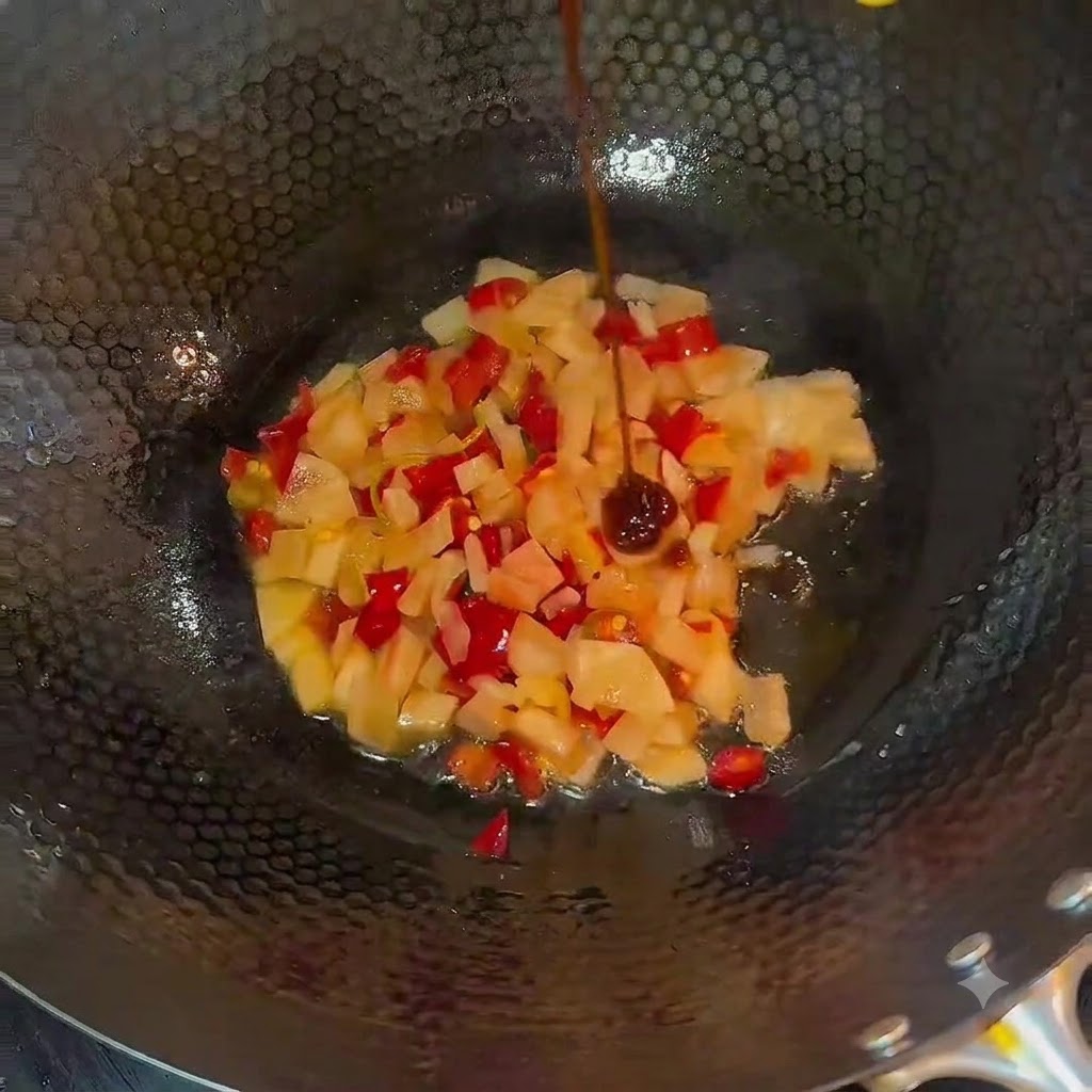 Des assaisonnements versés dans un wok contenant des pickles hachés et mélangés soigneusement.