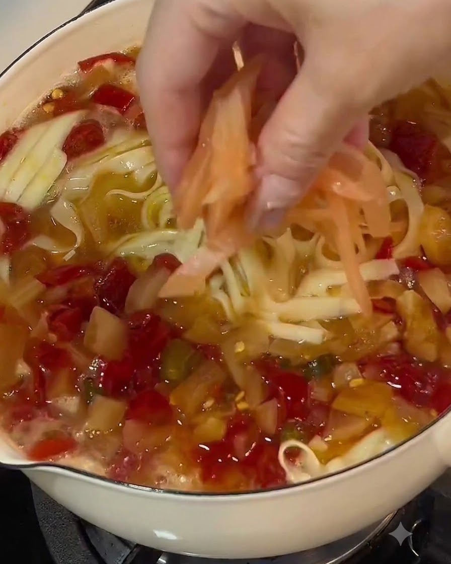 Des lanières de radis pickelé parsemées sur le dessus dune casserole de nouilles et de bouillon.