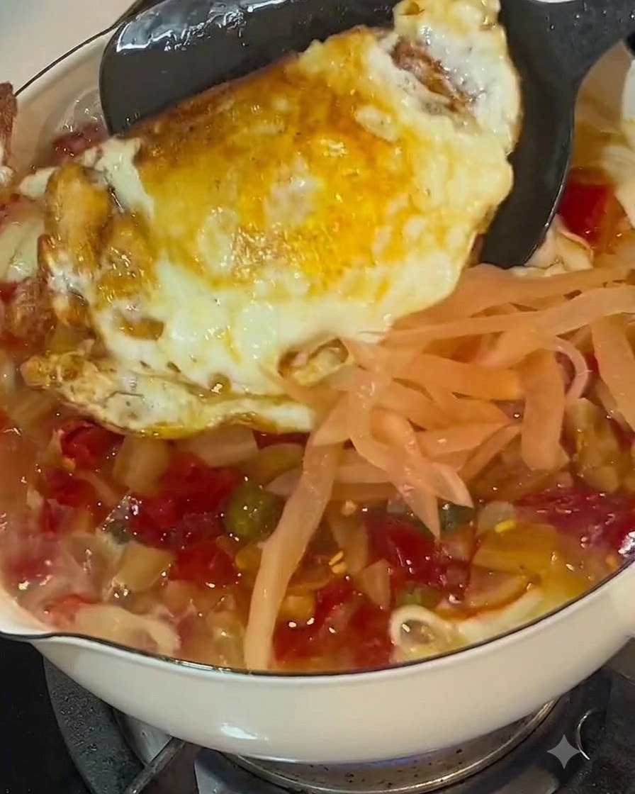 Une spatule plaçant un œuf frit doré dans une casserole remplie de nouilles, de tomates en dés et de lanières de chou pickelé.