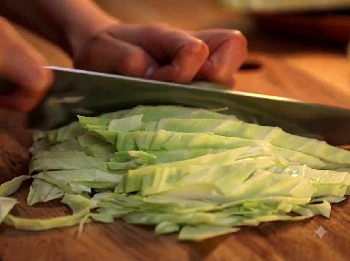 Un couteau bien aiguisé coupant du chou vert en fines tranches sur une planche en bois.