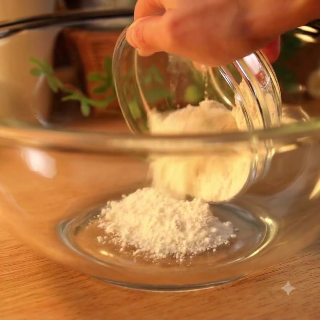 De leau versée dun petit bol dans de la farine à gâteau blanche contenue dans un plus grand bol en verre.