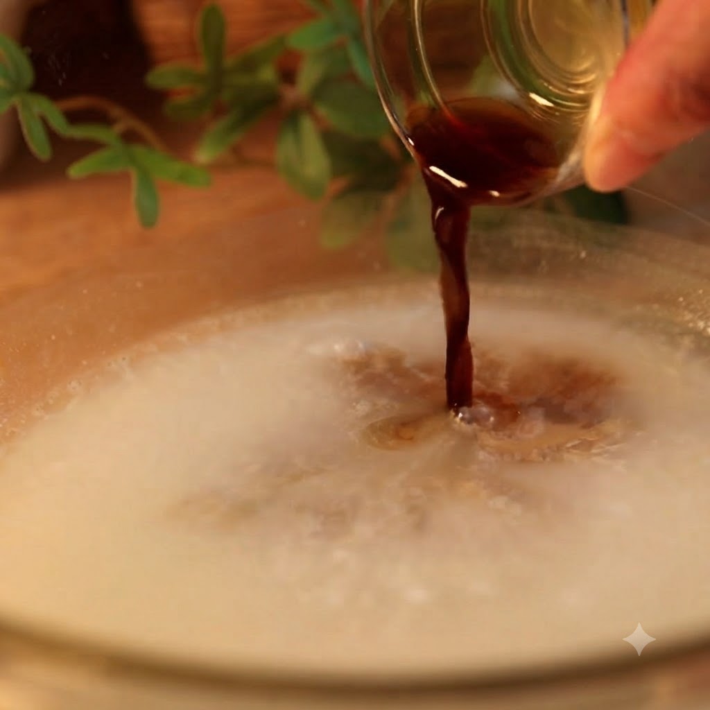 De la sauce soja foncée et de la sauce Worcestershire versées dans un bol de pâte liquide.