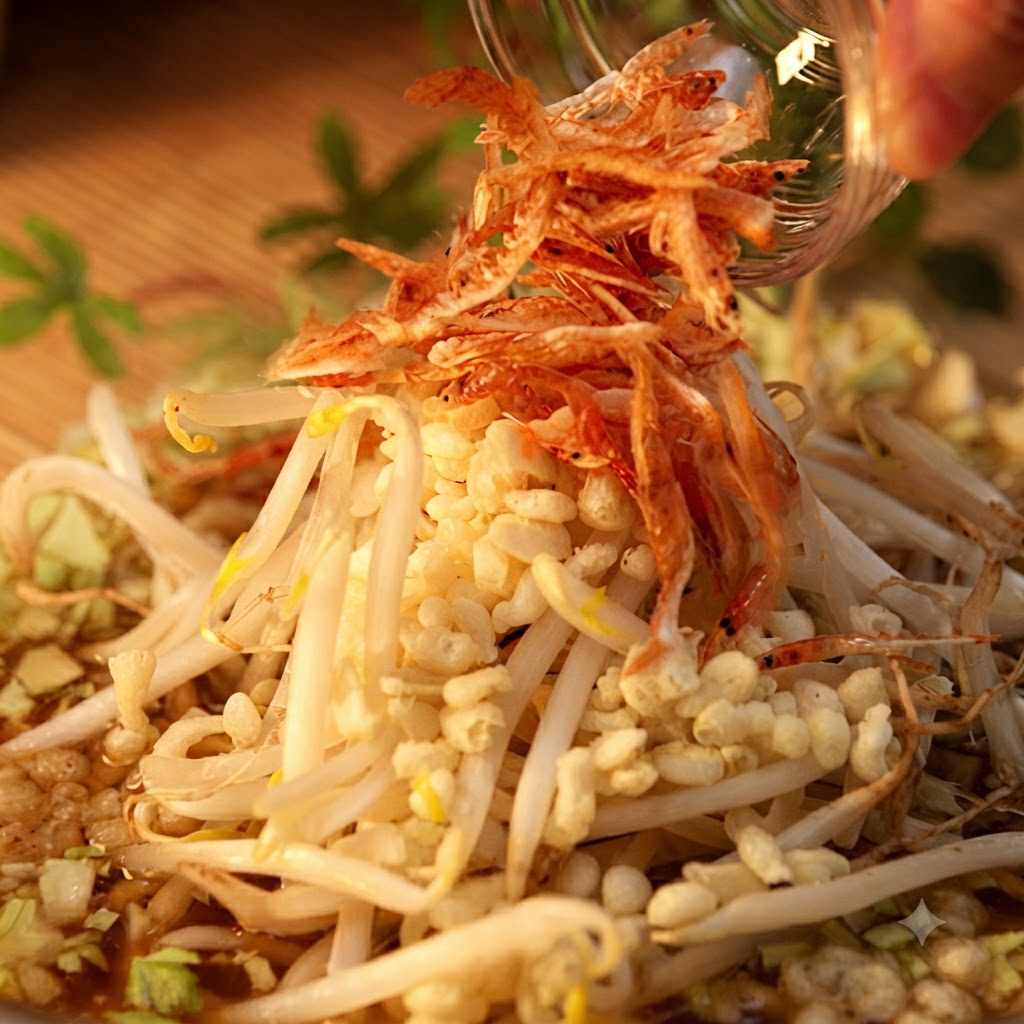 Des crevettes sakura roses et du gingembre rouge mariné ajoutés sur un monticule de pousses de soja, de chou et de tempura.