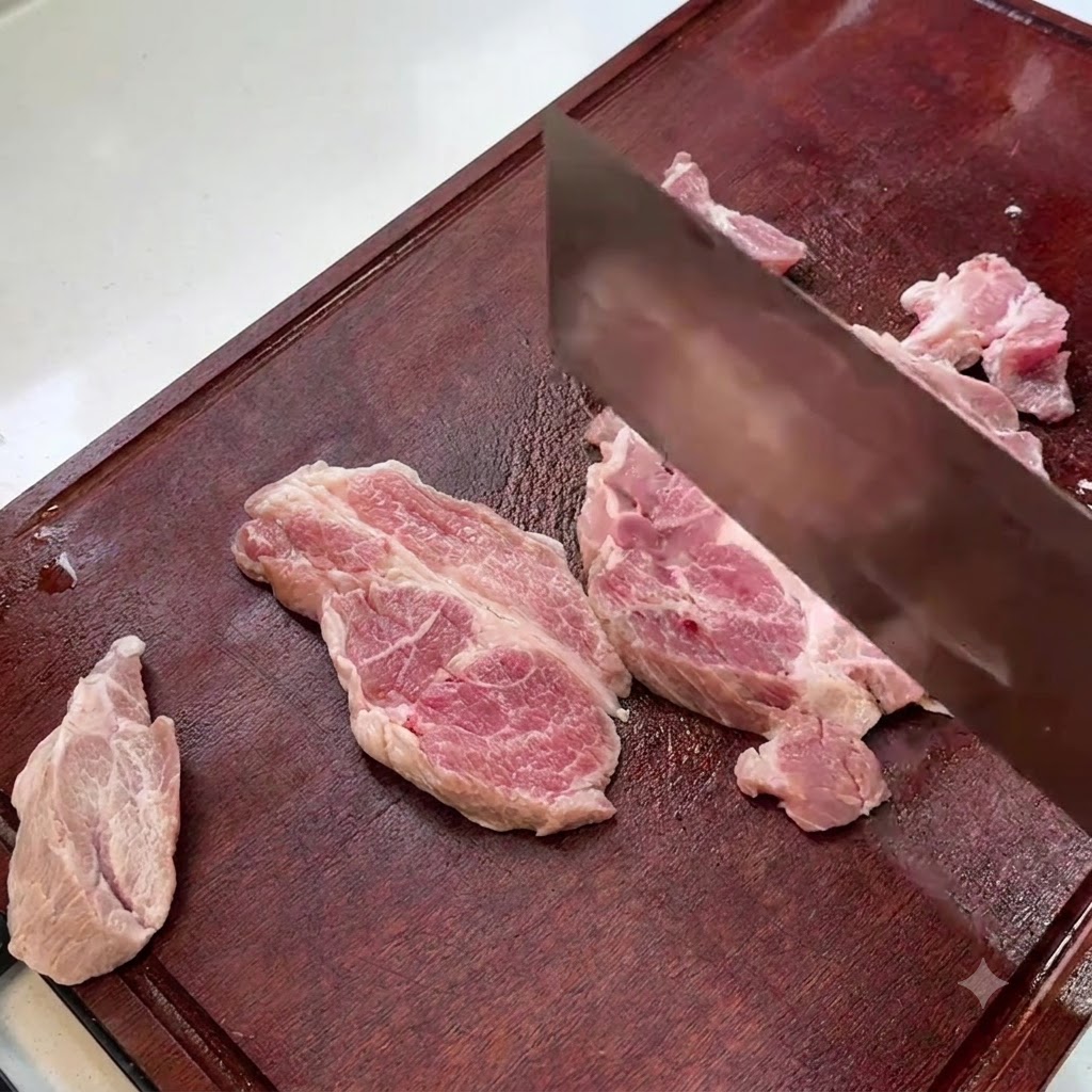 Tranches déchine de porc attendries avec le dos dun couteau sur une planche à découper en bois.