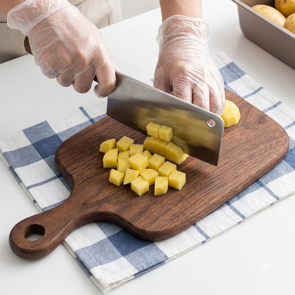 Pommes de terre coupées en petits cubes sur une planche à découper en bois à laide dun grand couteau de boucher.