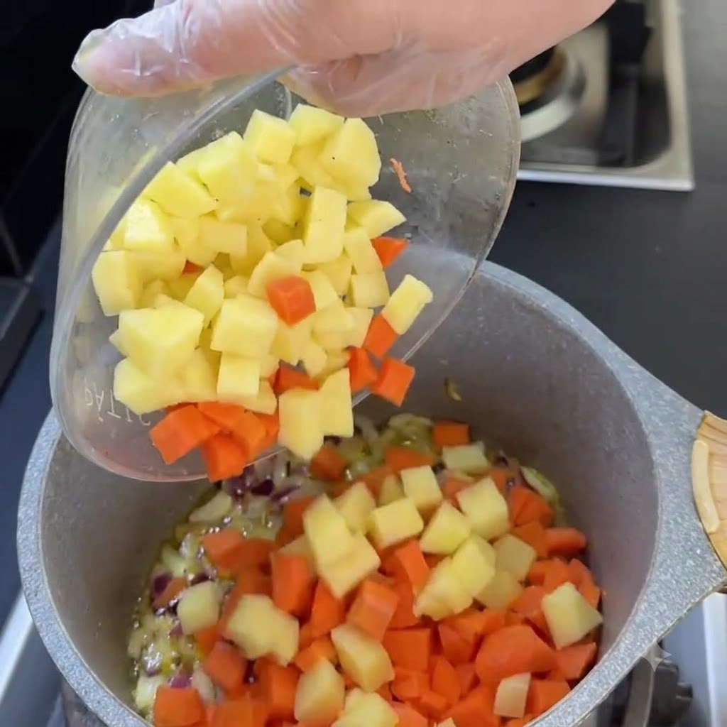 Carottes et pommes de terre en dés glissant dun bol transparent dans la casserole.