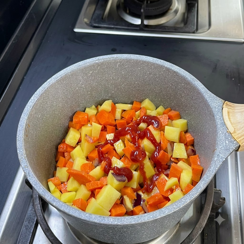 Ketchup versé en zigzag sur le mélange de carottes et de pommes de terre en dés dans la casserole.