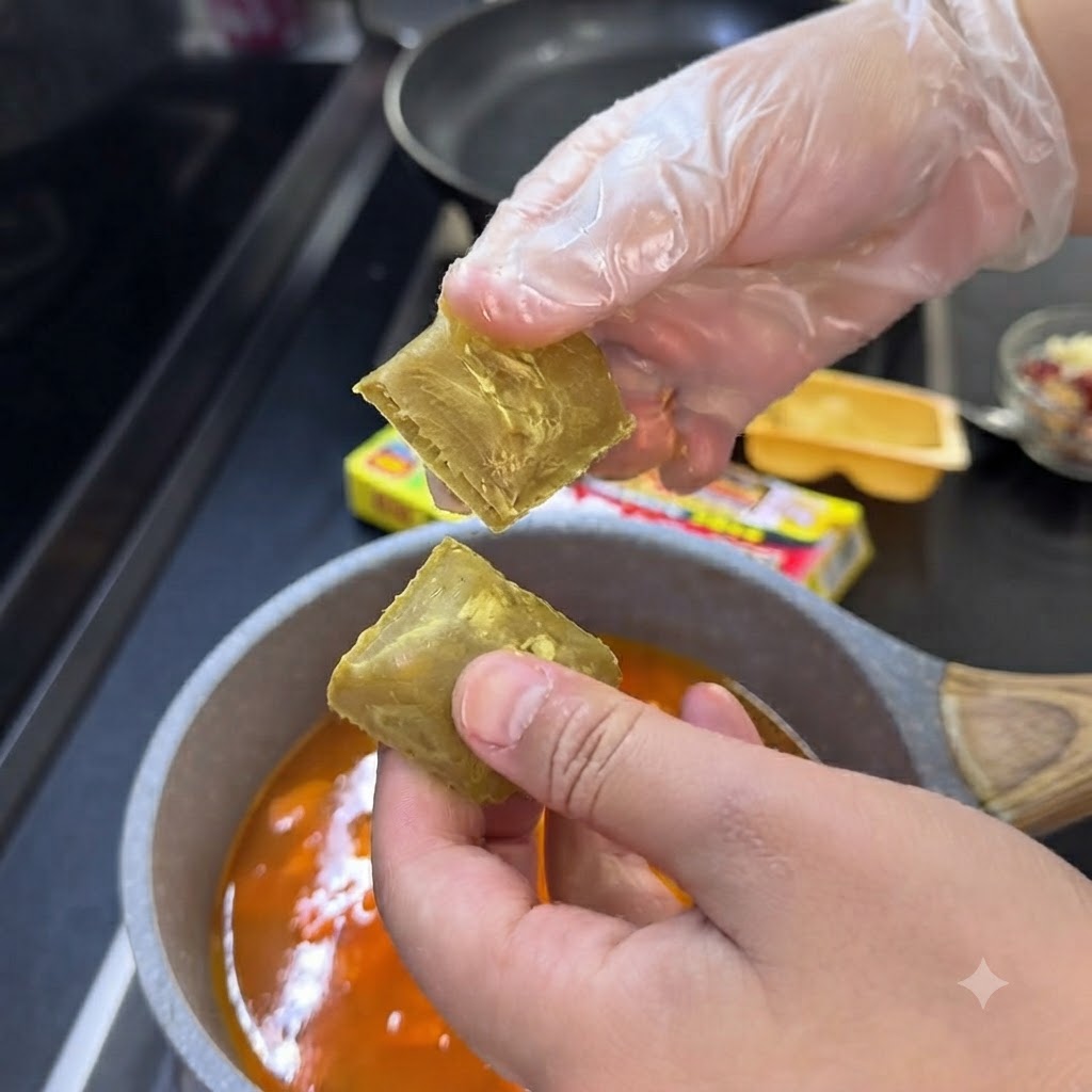 Deux cubes de curry jetés dans une casserole de légumes et de bouillon frémissants.