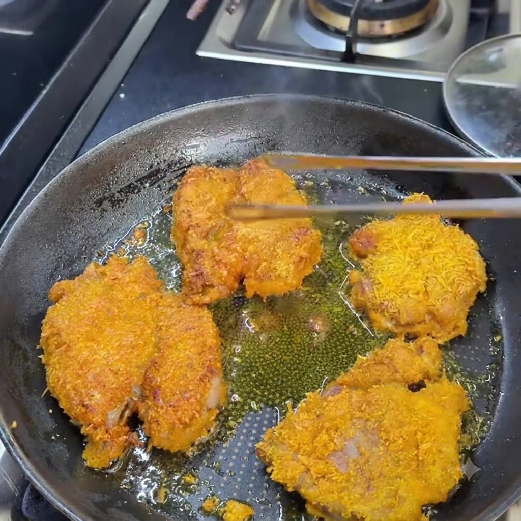 Escalopes de porc frites dans une poêle dont la cuisson est testée à laide de baguettes.