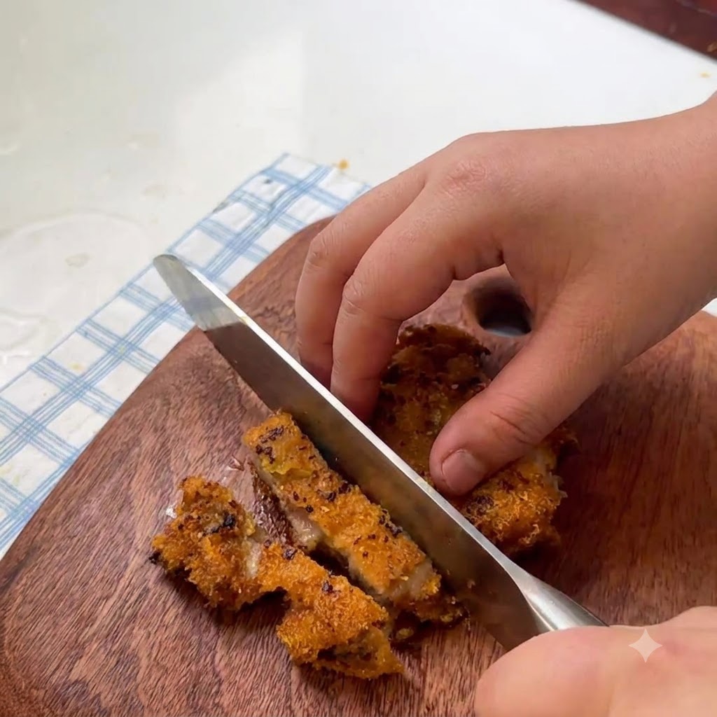 Une côte de porc frite et croustillante coupée en morceaux de taille moyenne sur une planche à découper.