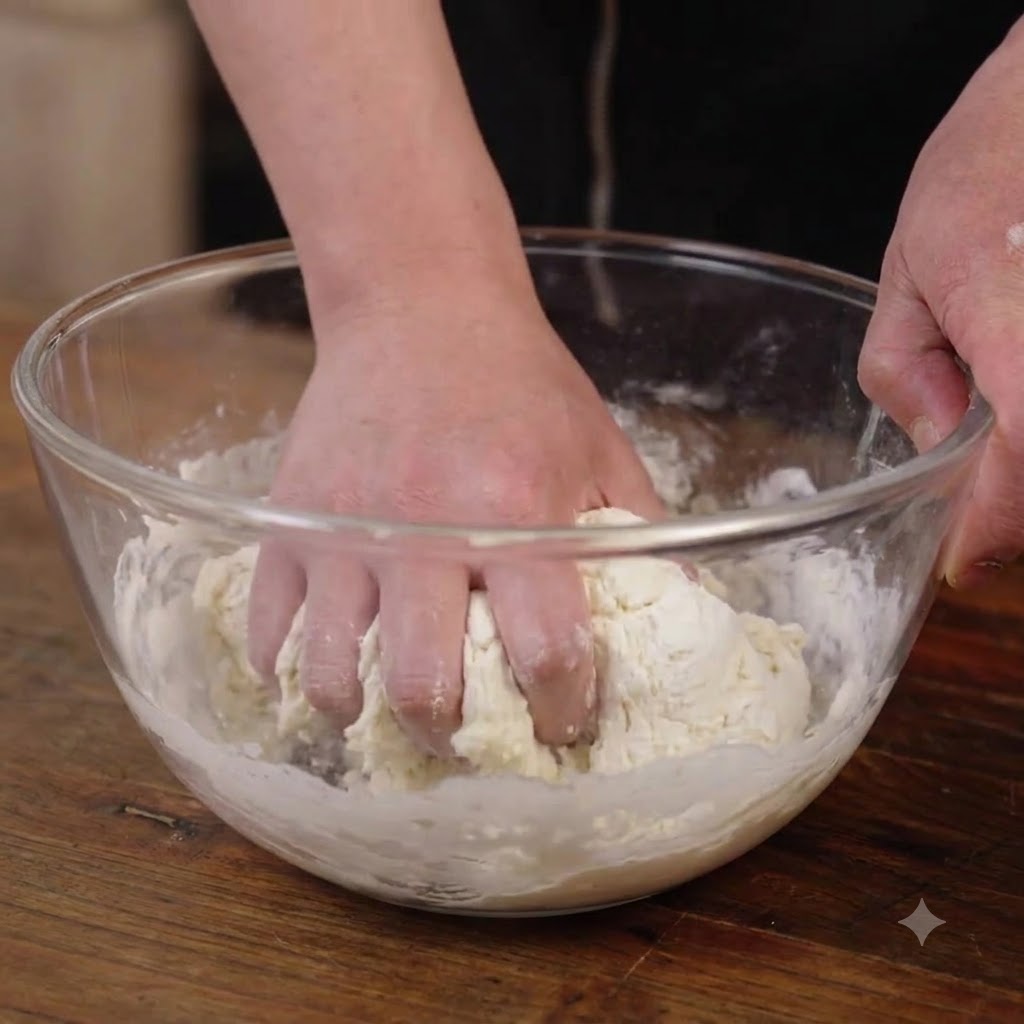 Les mains dune personne pétrissant activement un mélange de pâte humide dans un grand bol en verre transparent.