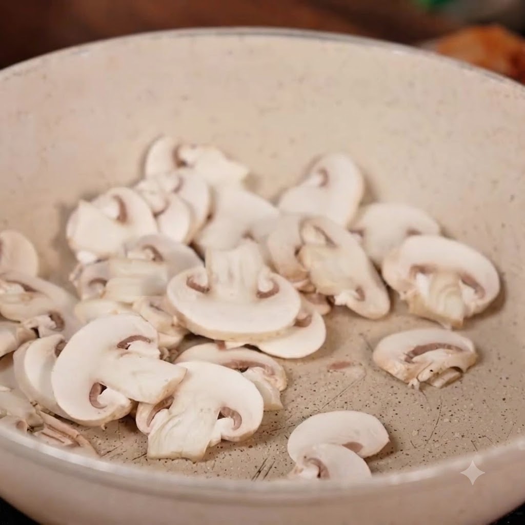 Des champignons émincés ajoutés dans une poêle contenant des tranches de poitrine de porc blanchies et du kimchi épicé.