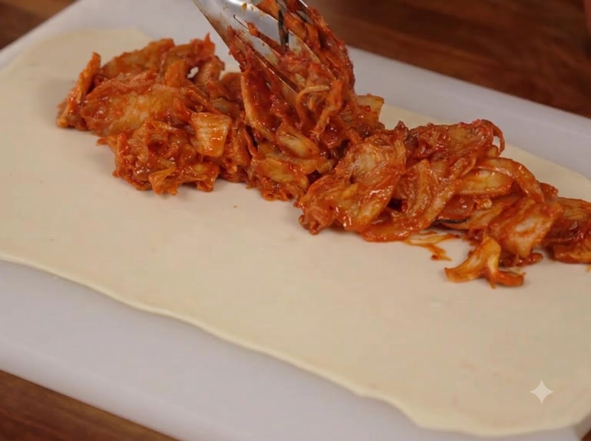 La garniture cuite au kimchi et au porc déposée à la cuillère sur une feuille de pâte rectangulaire étalée sur une planche à découper blanche.