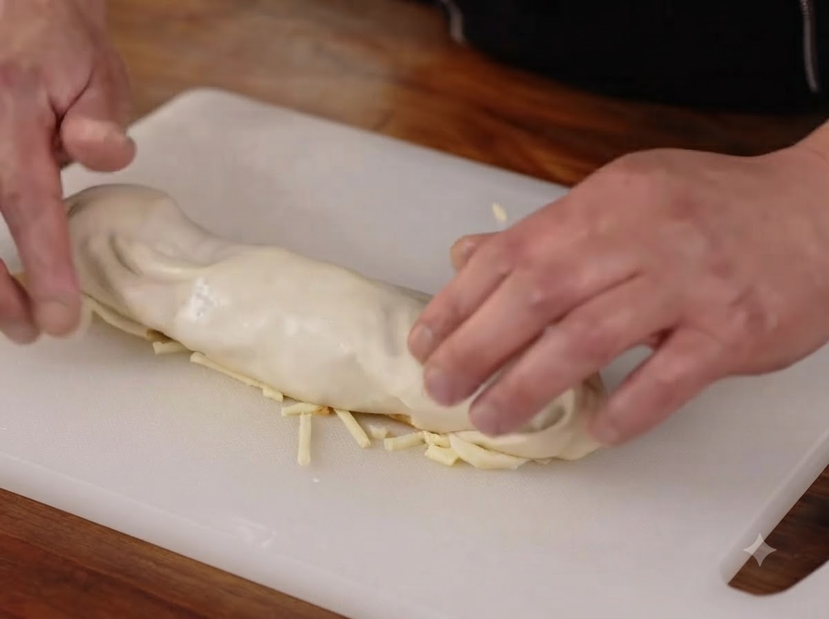 Des mains roulant la pâte sur la garniture pour former une bûche et scellant les bords sur une planche à découper blanche.