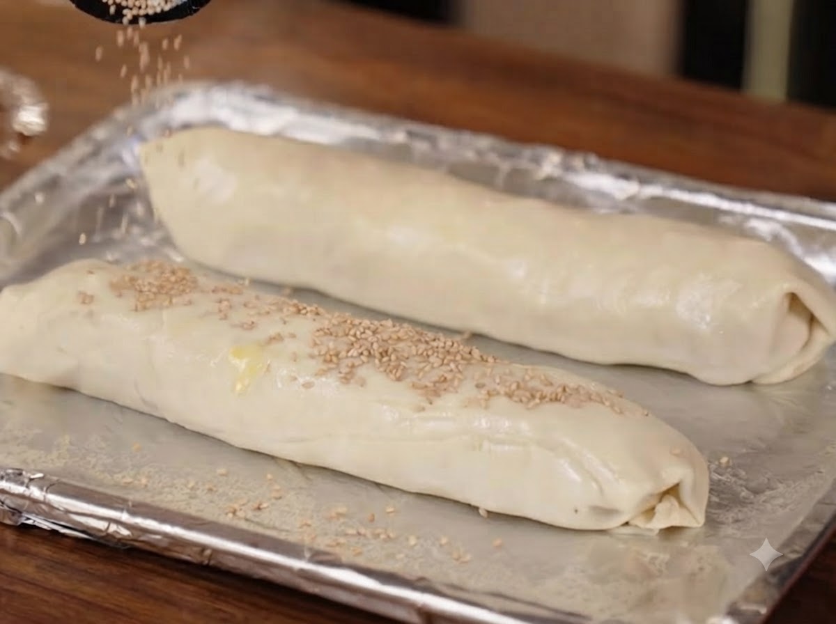 Deux rouleaux de pâte reposant sur une plaque à pâtisserie argentée, saupoudrés de graines de sésame.