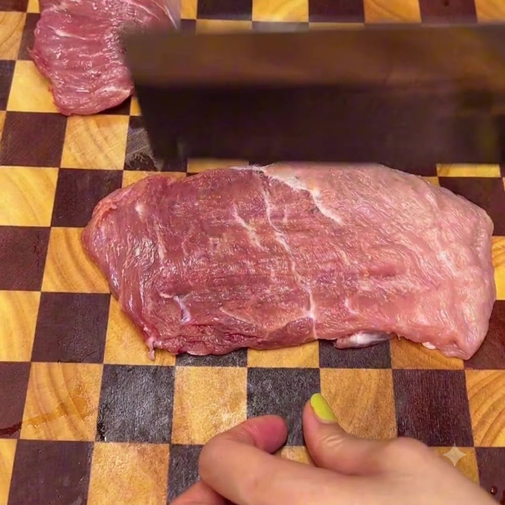 Côtes de porc reposant dans un bol mélangeur en métal avec des tranches de gingembre frais avant la marinade.