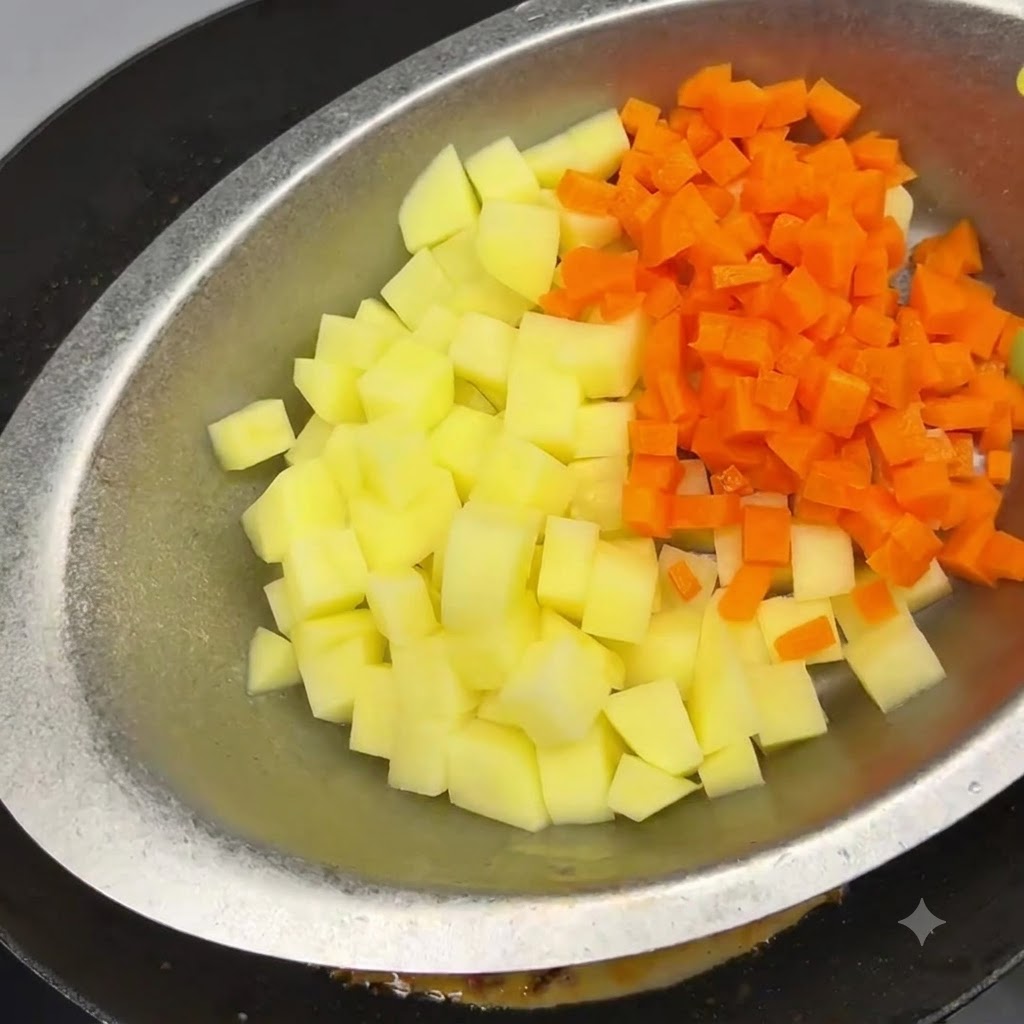 Bol de pommes de terre et carottes coupées en dés versé dans la poêle de cuisson.