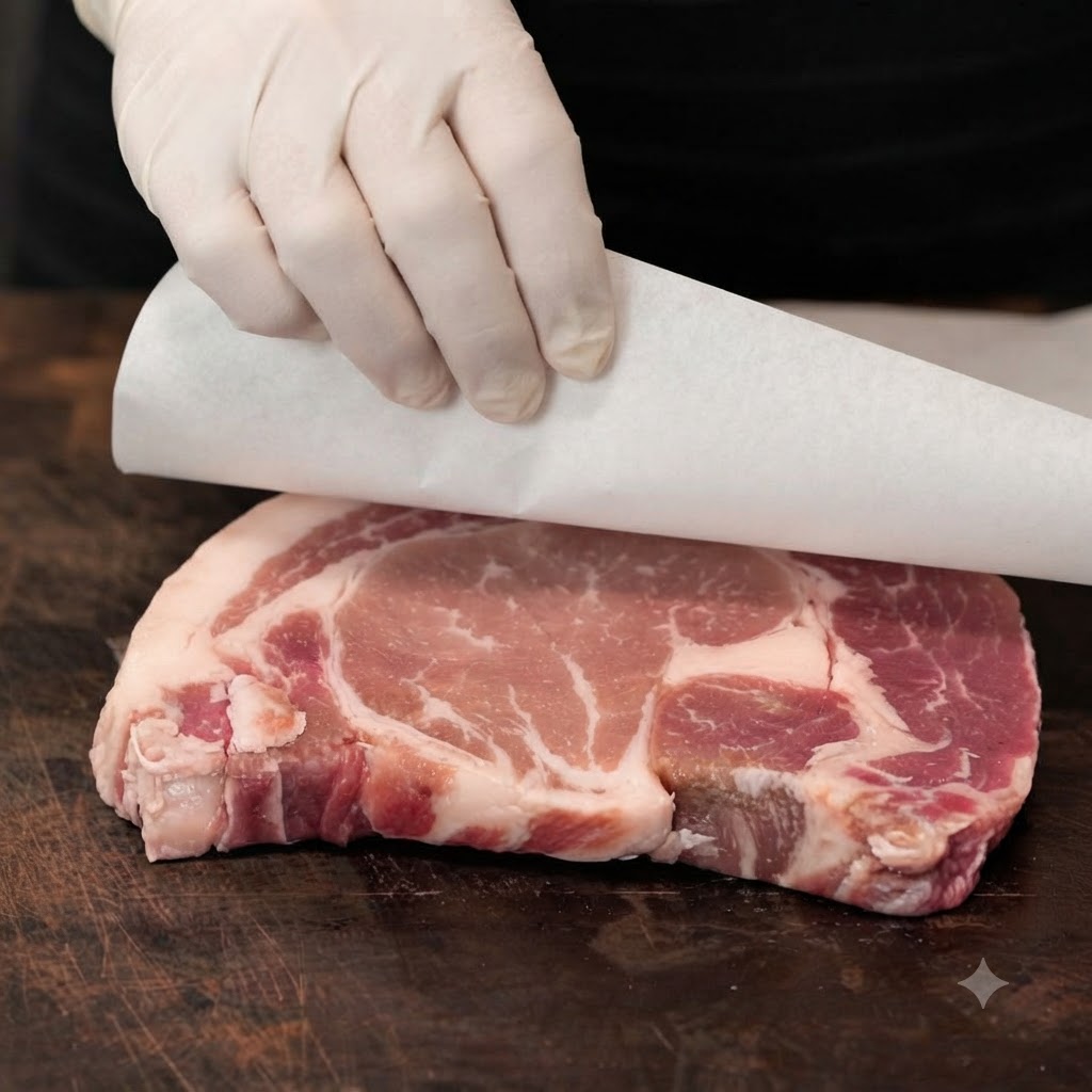 Une main gantée frottant du sel marin et du poivre noir sur un faux-filet cru posé sur une planche à découper en bois.