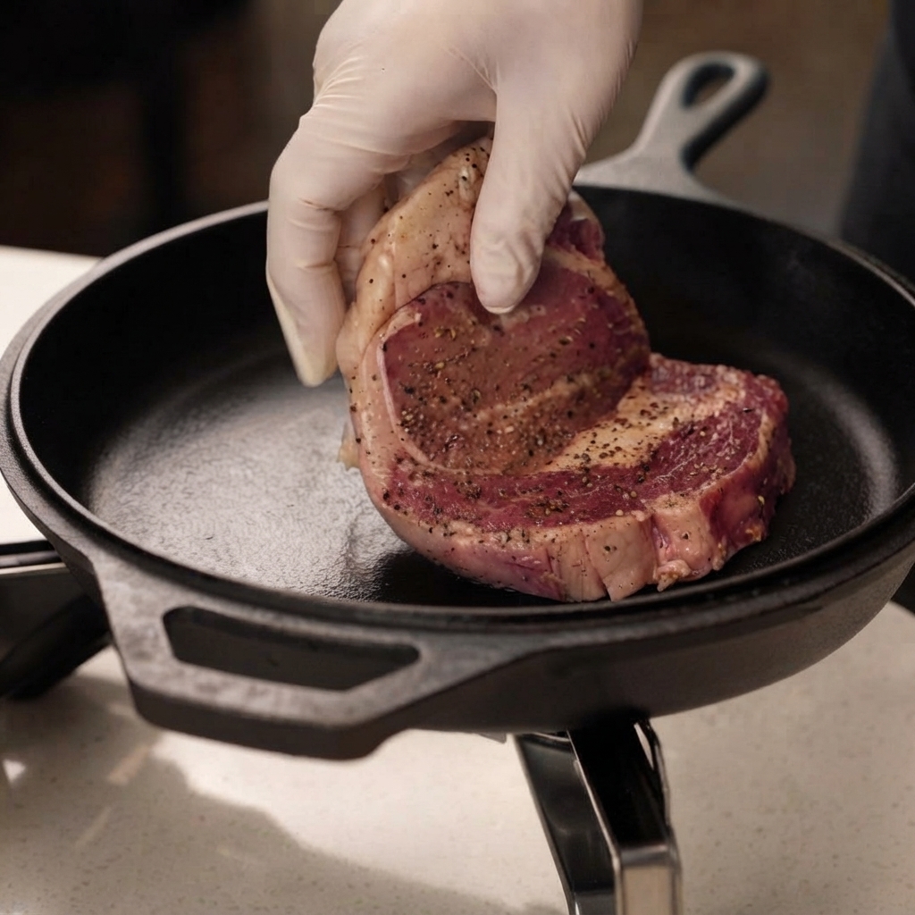 Un faux-filet assaisonné placé dans une poêle en fonte chaude.