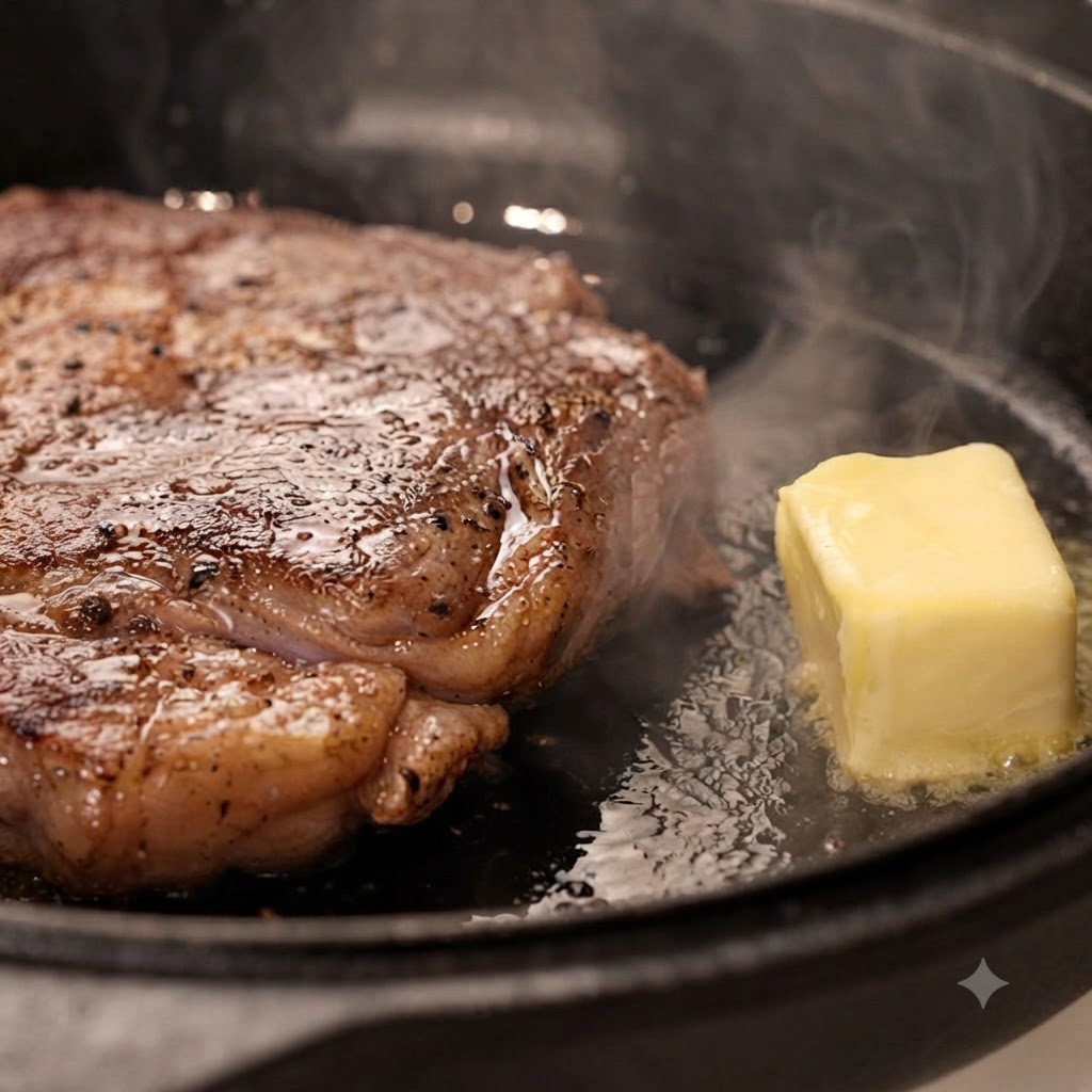 Un bloc de beurre, des gousses dail pelées et un brin de romarin frais cuisant à côté dun steak grésillant dans une poêle.