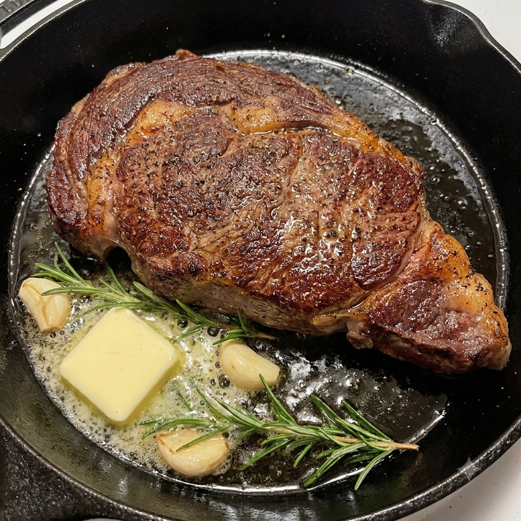 De la sauce barbecue versée dune bouteille sur un steak saisi dans une poêle en fonte grésillante.