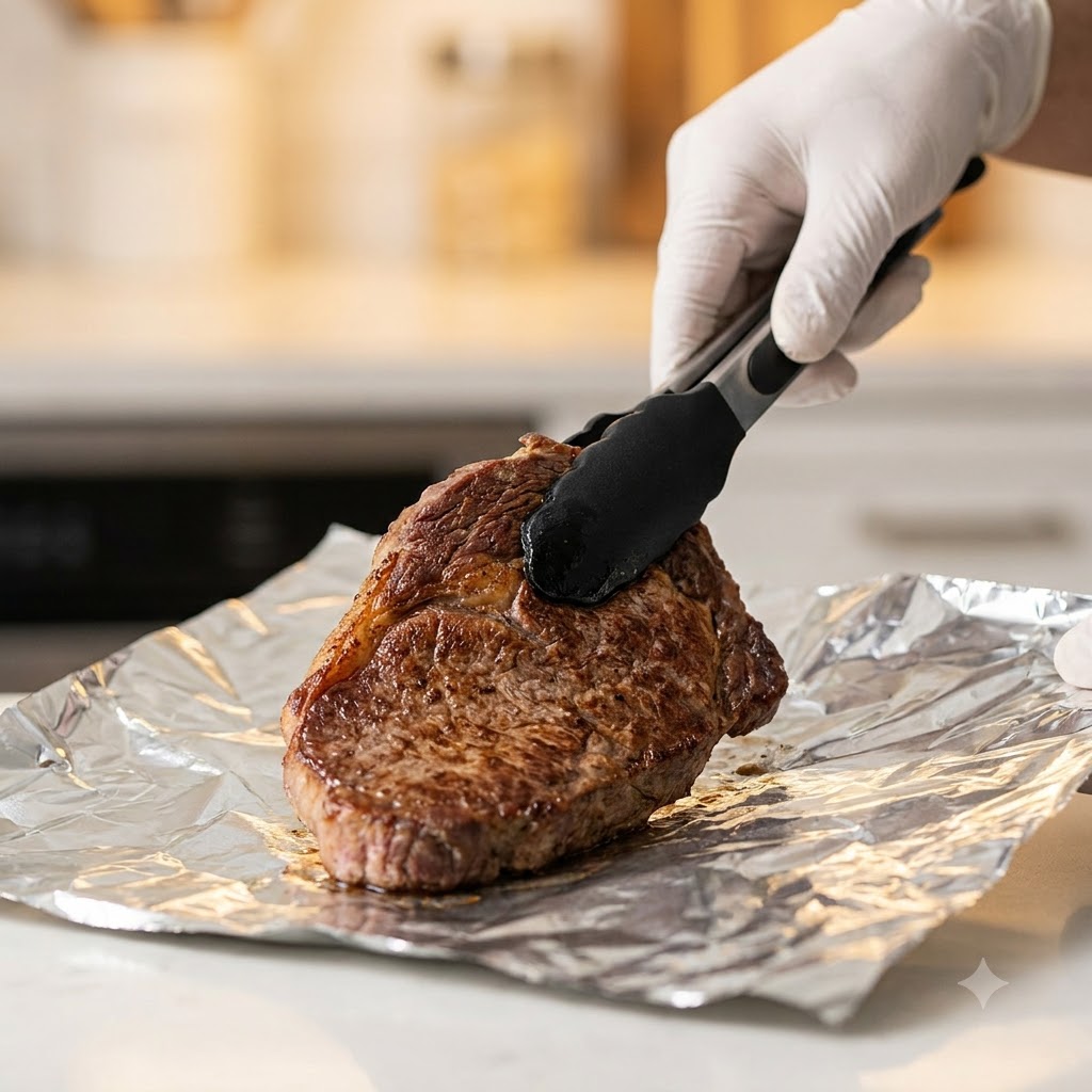 Un faux-filet cuit soulevé à laide de pinces sur du papier aluminium.