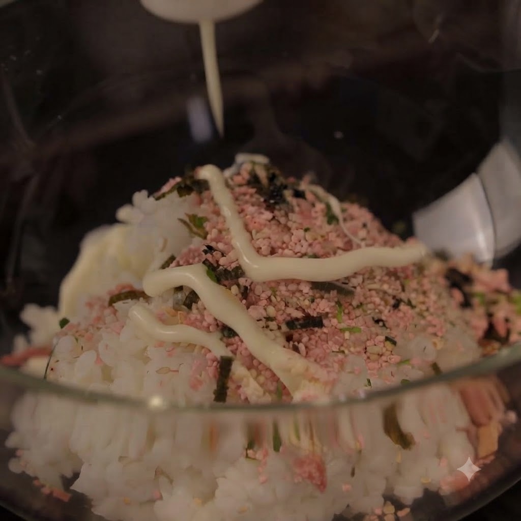 De la mayonnaise appliquée en zigzag sur le riz assaisonné dans un bol transparent.