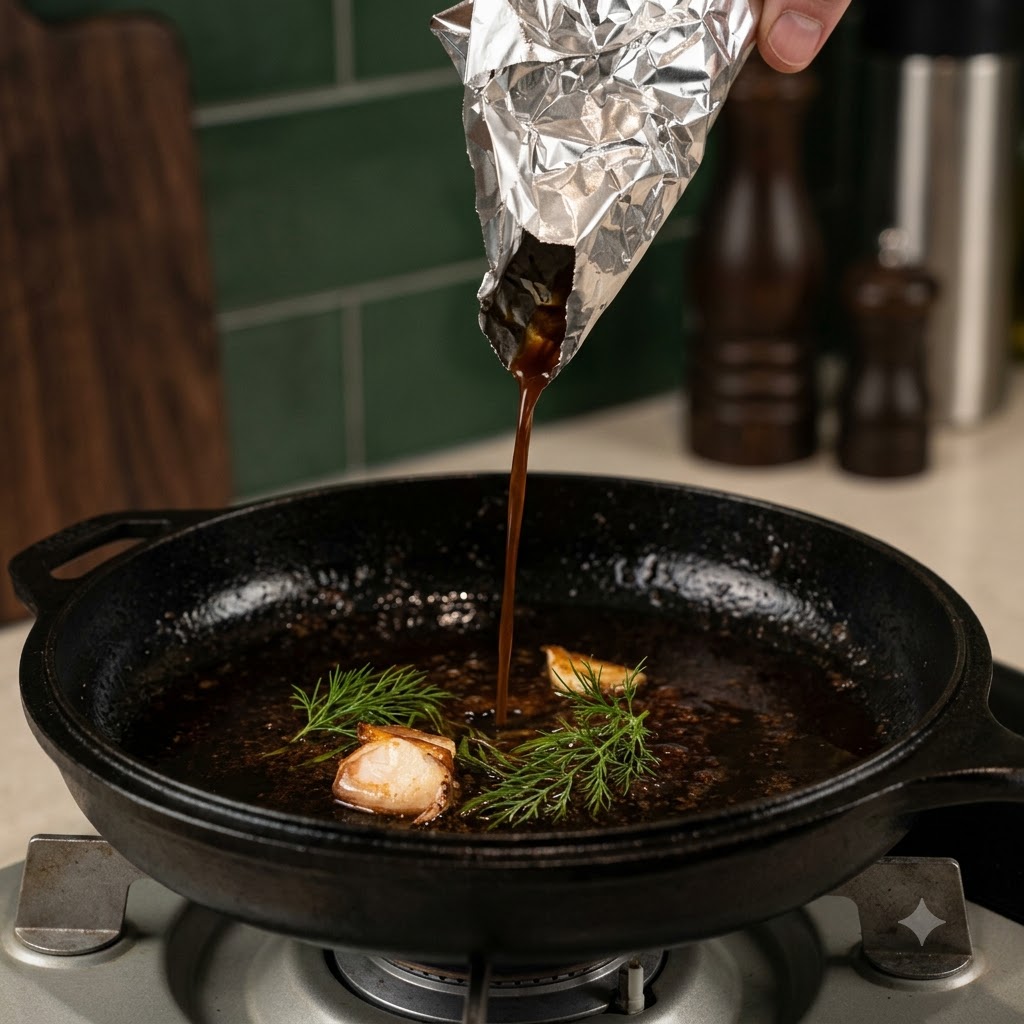 Des jus et de la sauce versés dune feuille daluminium dans une poêle en fonte noire chaude.
