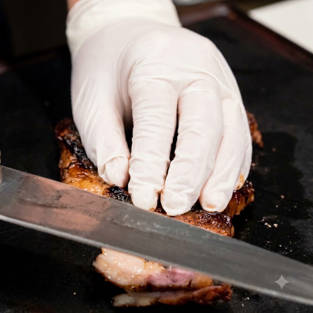 Une main gantée maintenant un steak cuit pendant quil est tranché avec un couteau de chef bien aiguisé sur une planche sombre.