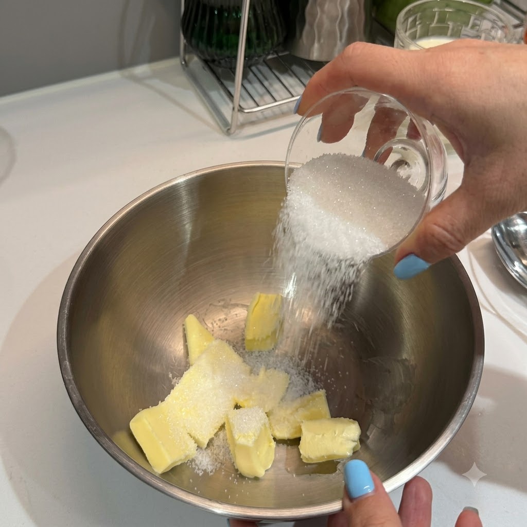 Une main versant du sucre dans un bol mélangeur en métal contenant des morceaux de beurre ramolli.