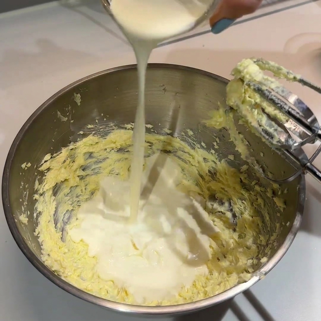 Crème entière versée dun petit contenant en verre dans un bol mélangeur en métal avec du beurre fouetté.
