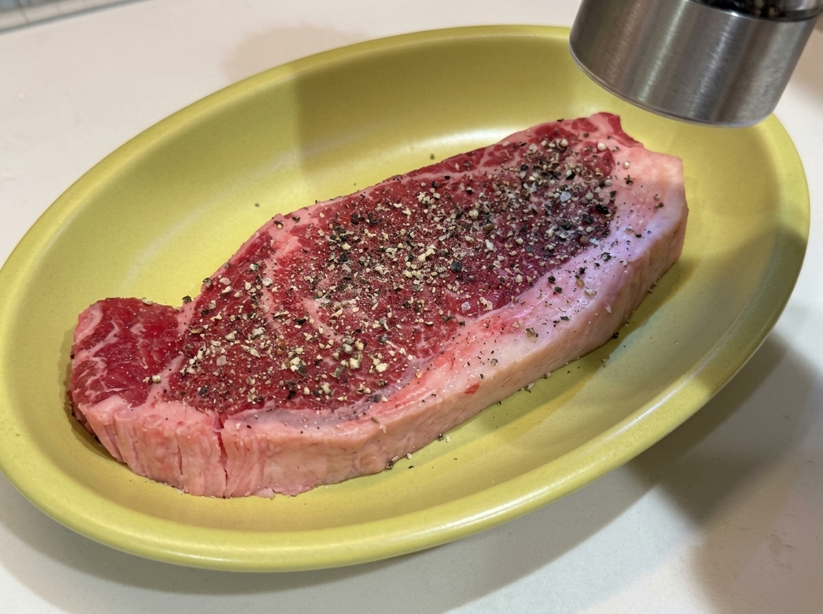 Un steak cru et épais sur une assiette jaune assaisonné de poivre noir fraîchement moulu.