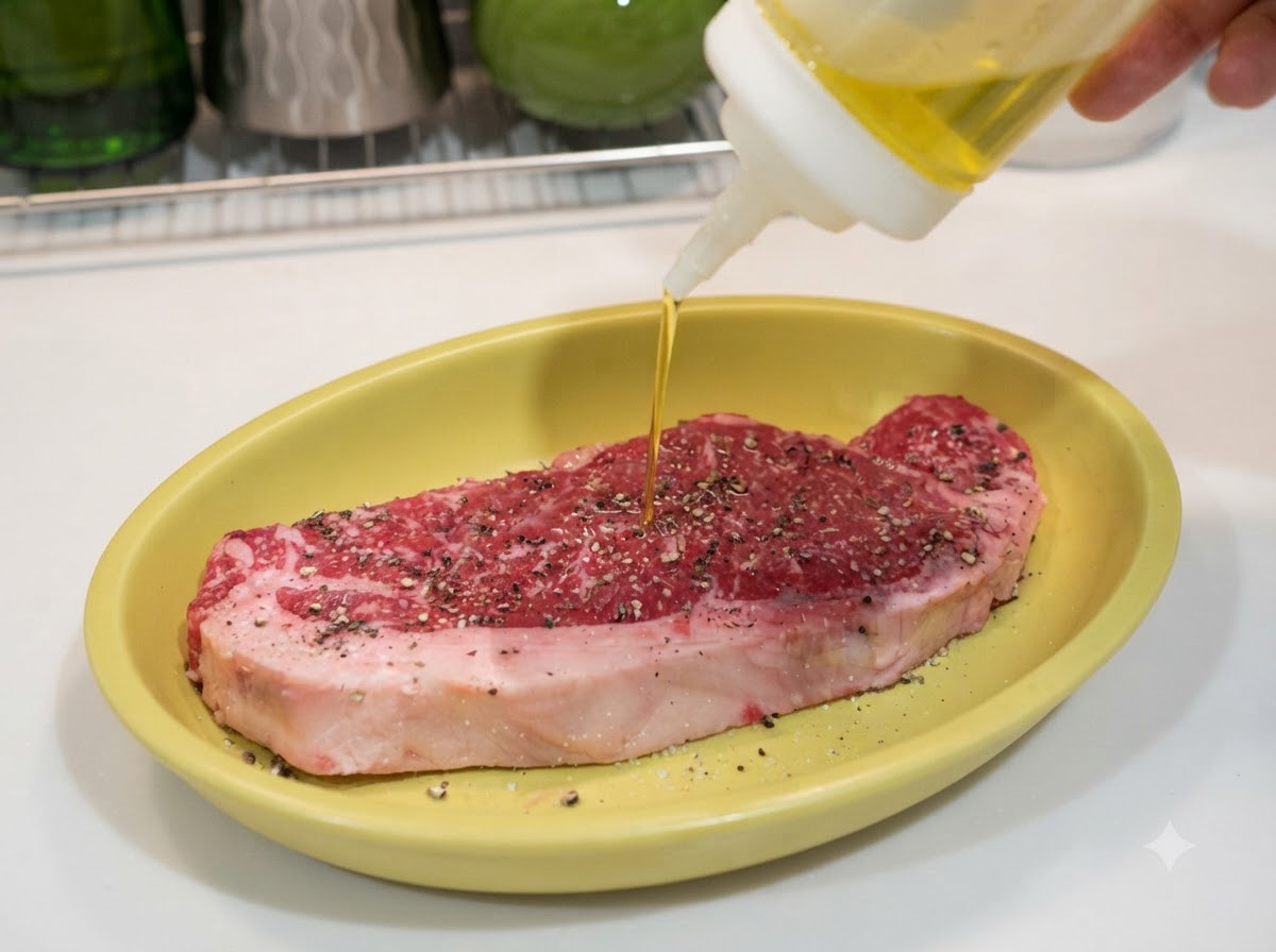 Huile dolive versée en filet sur un steak cru assaisonné de sel et de poivre noir dans un plat jaune.