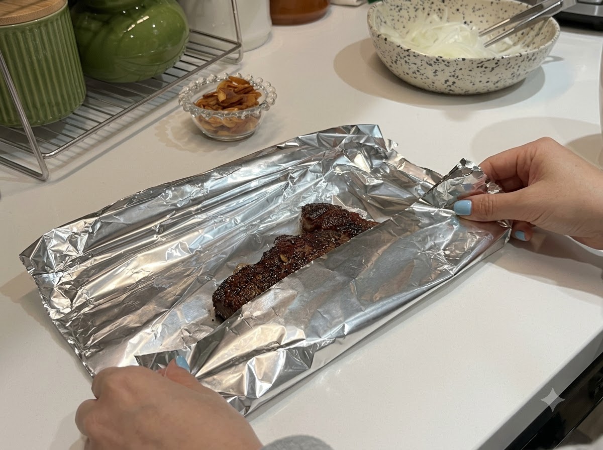 Un steak saisi enveloppé dans du papier aluminium sur un plan de travail de cuisine.