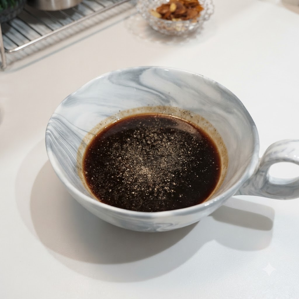 Sauce soja et assaisonnements mélangés dans un bol en marbre.