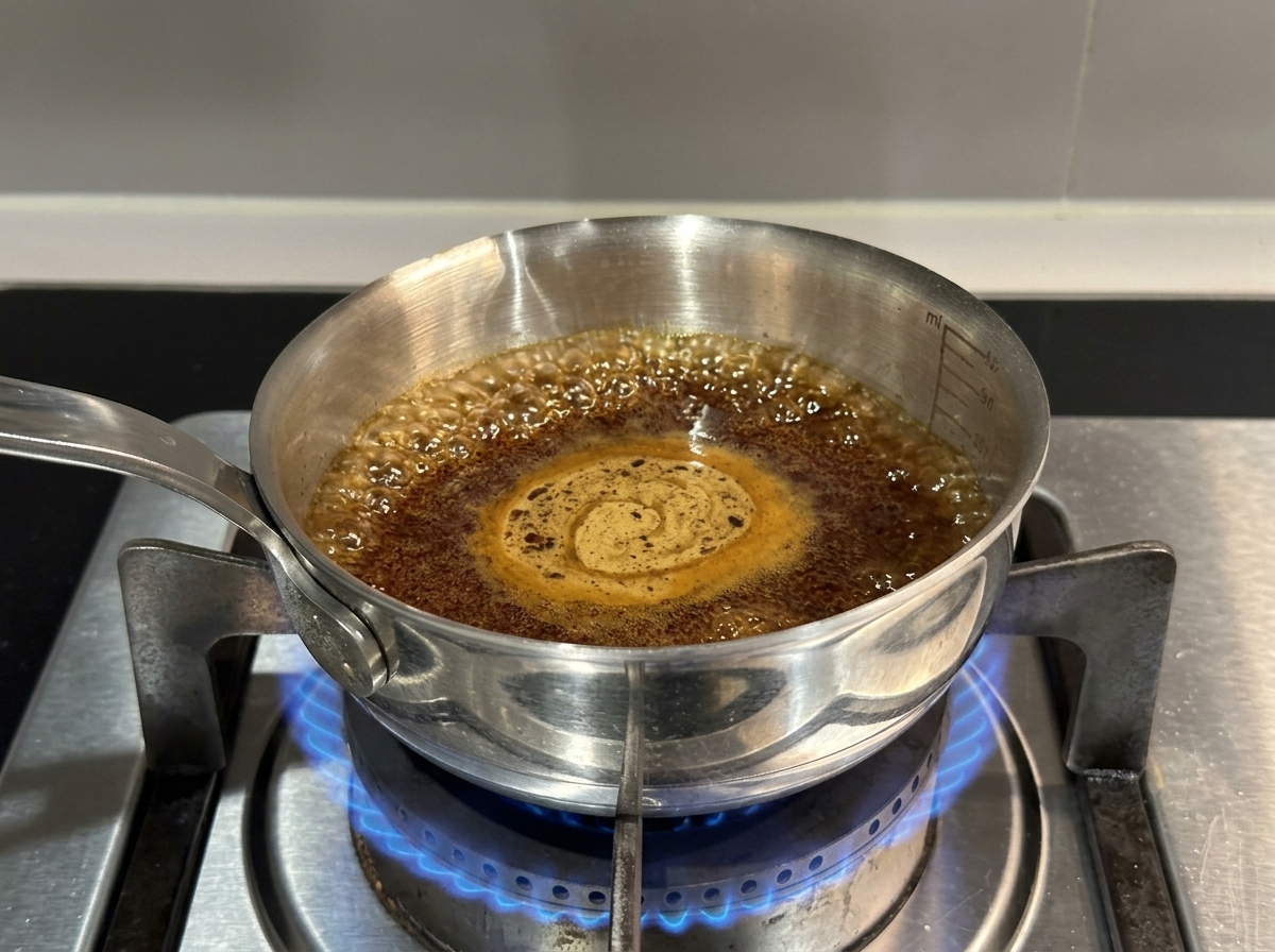 Sauce teriyaki en train de bouillir et de sépaissir dans une casserole.
