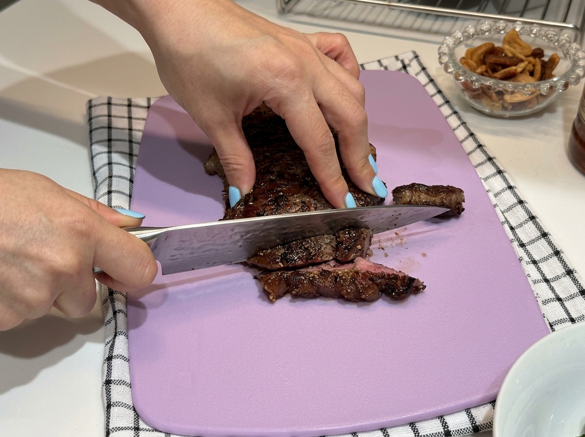 Steak en train dêtre tranché sur une planche à découper violette.