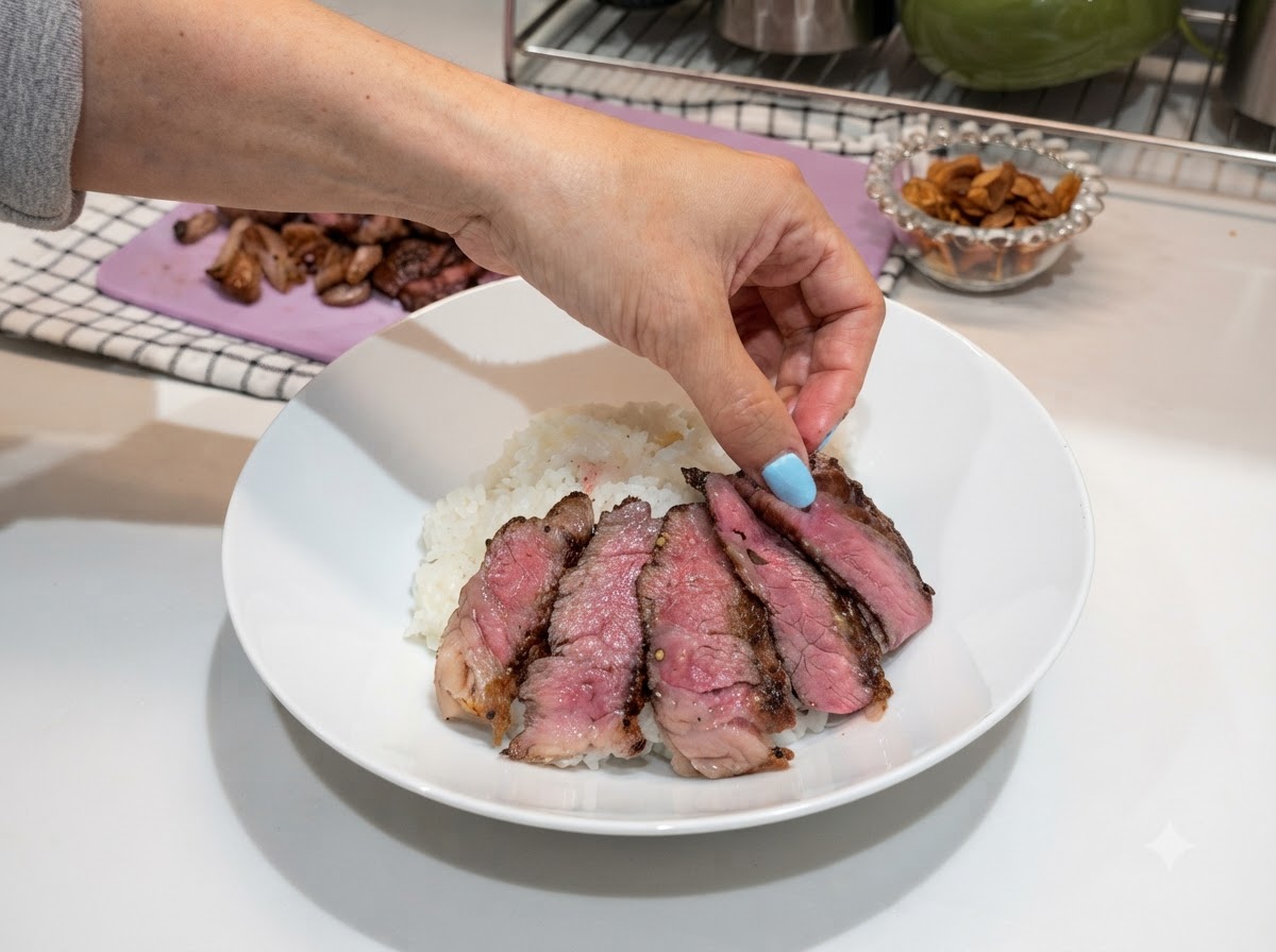 Steak tranché disposé proprement sur du riz blanc dans un bol.