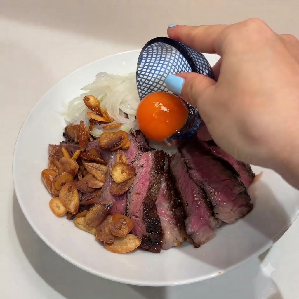 Une main tenant un petit récipient foncé, versant un jaune dœuf cru orange vif au centre dun bol de steak et de riz.