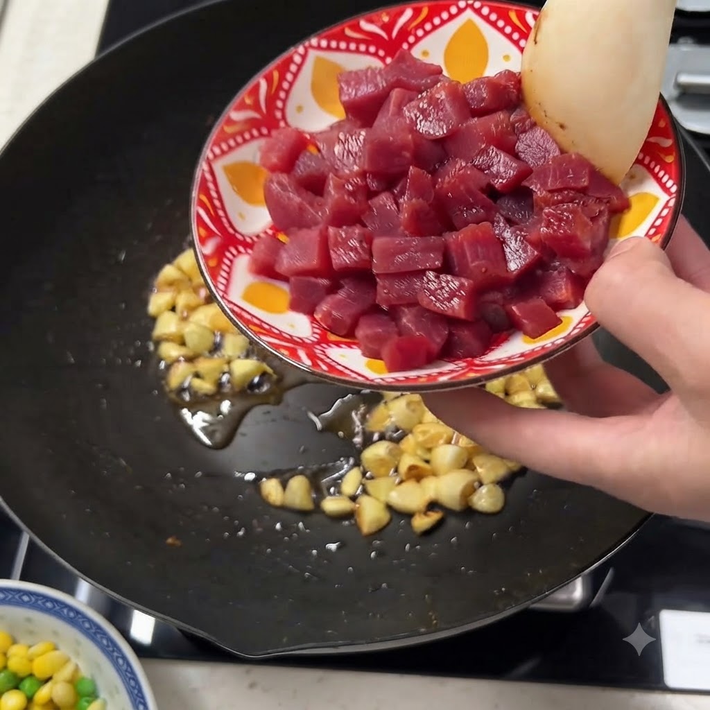 Des cubes de bœuf rouge marinés ajoutés dans une poêle contenant de lail rissolé.