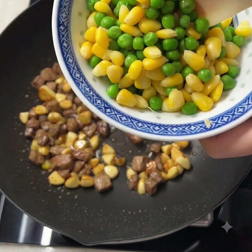 Des petits pois et des grains de maïs jaune versés depuis un bol à motifs dans une poêle avec le bœuf cuit et lail.