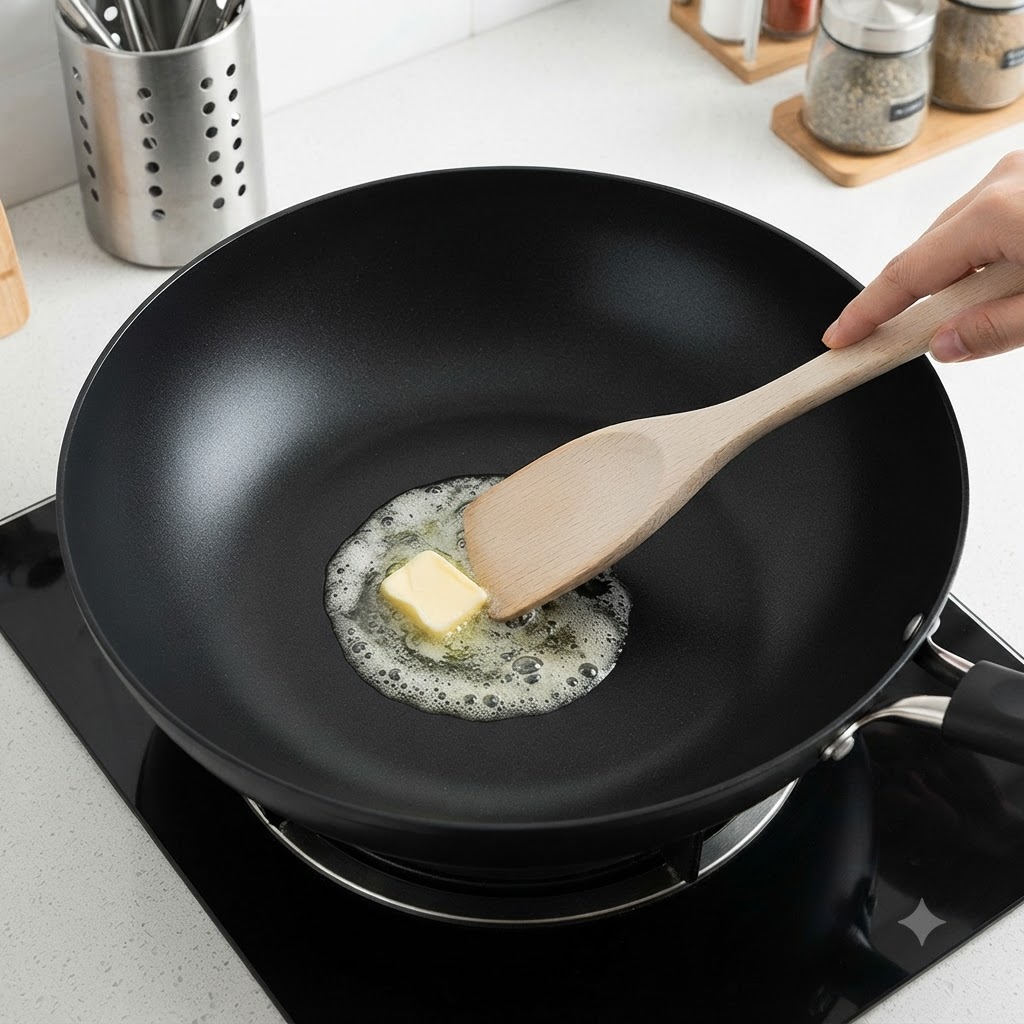 Un reste de riz blanc ajouté dans un wok avec du beurre fondu frémissant et remué avec une spatule en bois.
