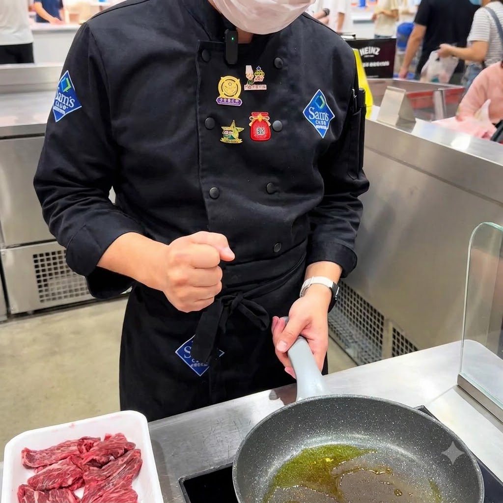 Morceaux de bavette crue ajoutés dans une poêle huilée et chauffée.