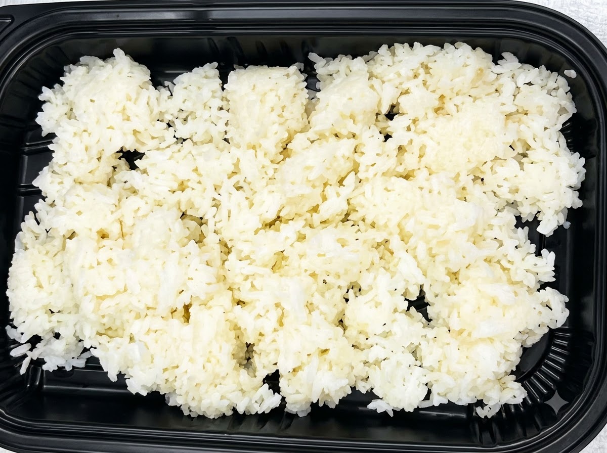 Cuillère versant de la sauce à lail sur un lit de riz blanc dans un récipient noir.
