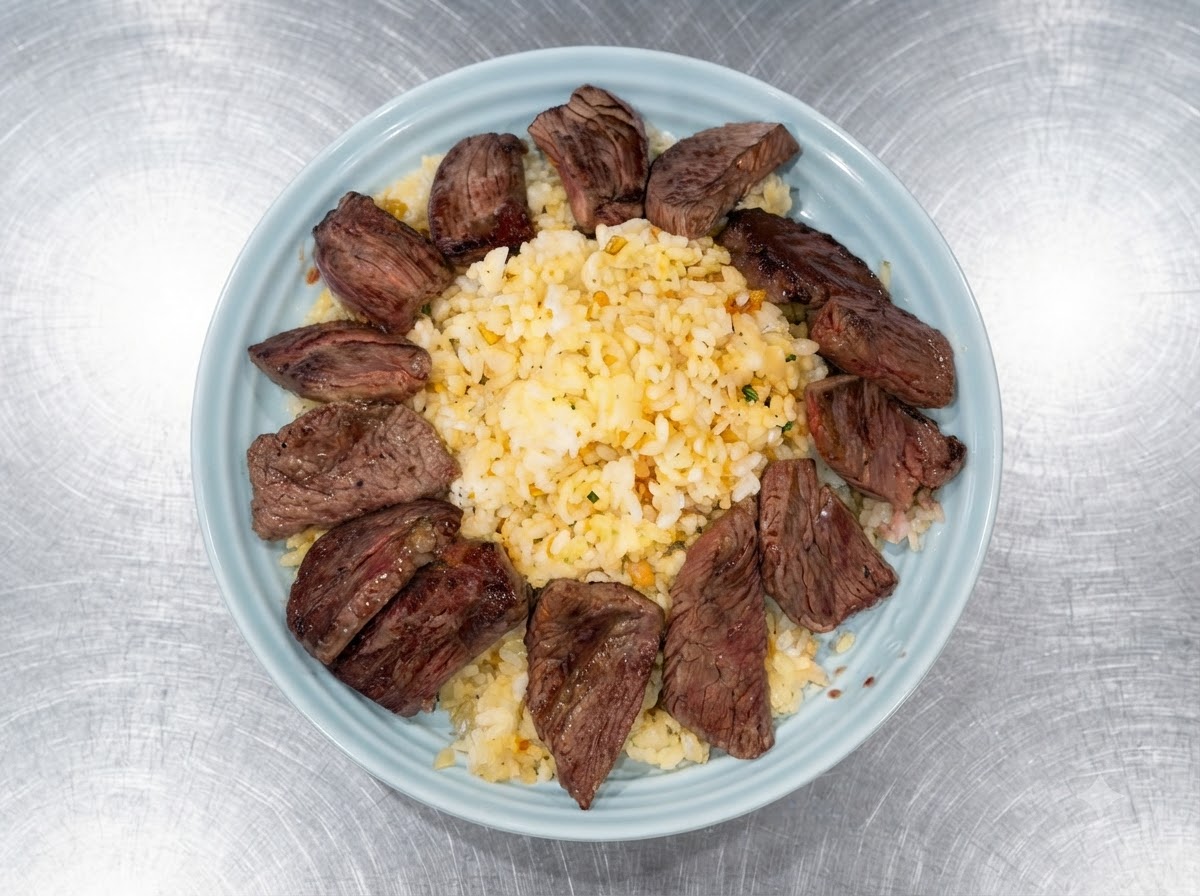 Un œuf au plat cuit placé sur lensemble steak et riz à laide dune spatule.