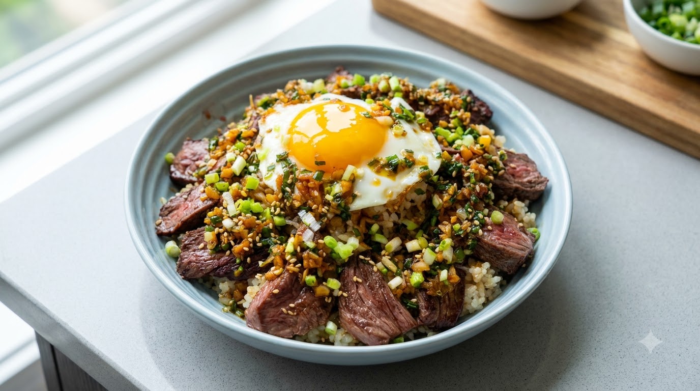 Bol de Riz au Steak, Beurre à l'Ail et Œuf au Plat